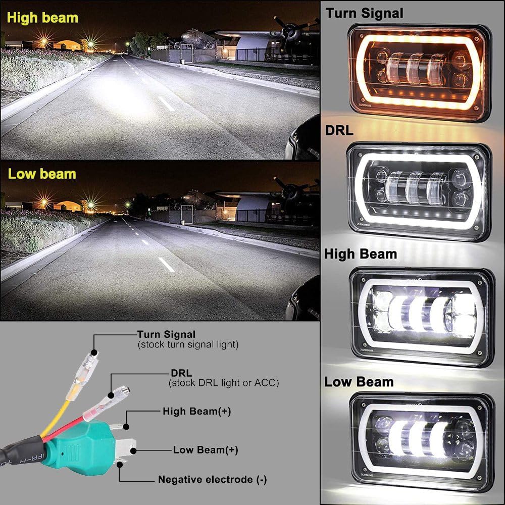 4Pcs 4x6 led headlights with White Yellow Halo Ring High Low Sealed Beam H4651 H6545 H4668 H4656 LED headlight Replacement Fit for Kenworth Semi Truck Peterbilt 379 Headlights