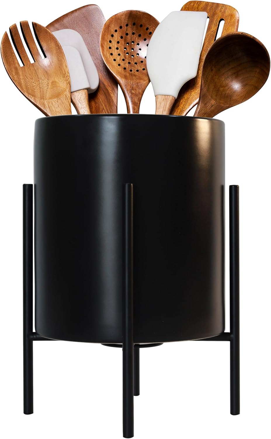 Kitchen Utensil Holder, Large Utensil Holders for Countertop,Dining room,Living room,Ceramic Utensil Crock with metal stand, Deep and Stable