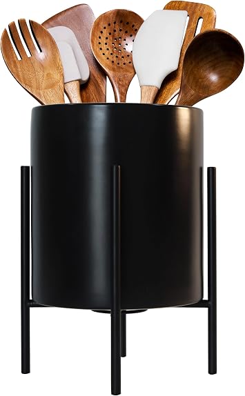 Kitchen Utensil Holder, Large Utensil Holders for Countertop,Dining room,Living room,Ceramic Utensil Crock with metal stand, Deep and Stable