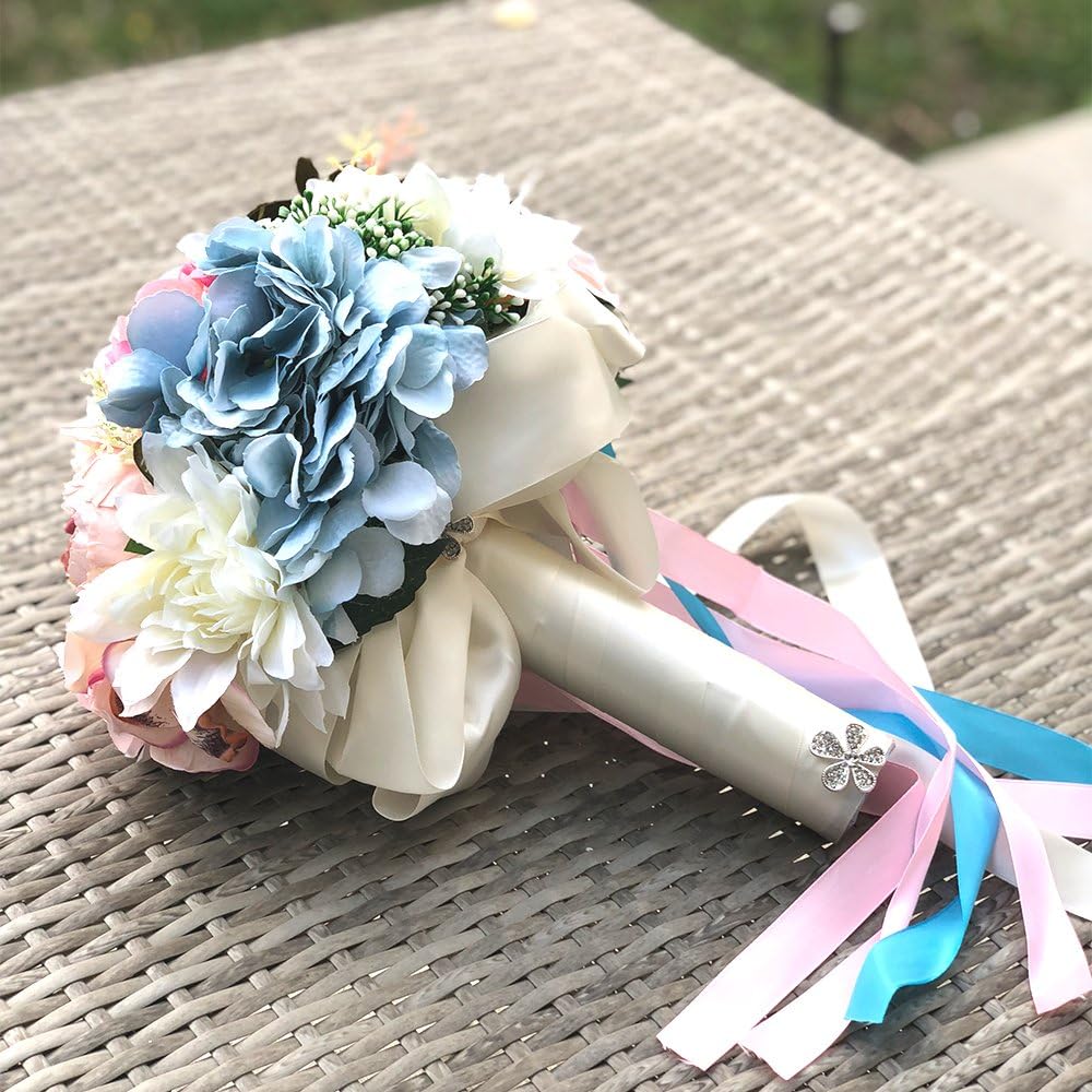 Abbie Home Bride Bouquets - 9 inches Artificial Wedding Flower Roses Toss Holding Bouquet - Rhinestone Ribbon Décor (476) (476)