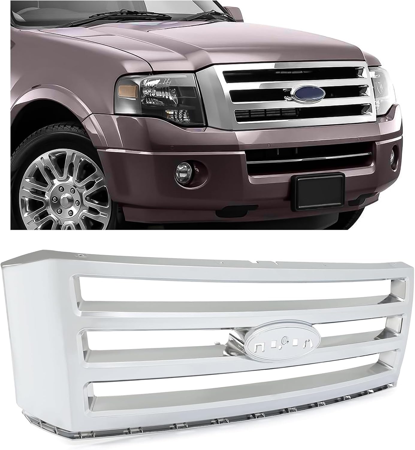 HECASA Front Grille Grill Compatible with 2007-2014 Ford Expedition Front Grill Assembly Silvery ABS Plastic Chrome Replacemant for 7L1Z-8200-BA FO1200494