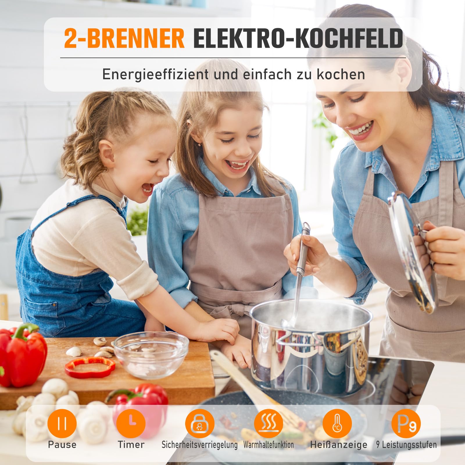 Glaskeramikkochfeld 2 Kochzonen 3000W 30 cm, Domino Elektrokochfeld Einbau oder freistehend mit Stecker, Timer, Pause, Warmhaltefunktion & Kindersicherung, Slide-EU23S1