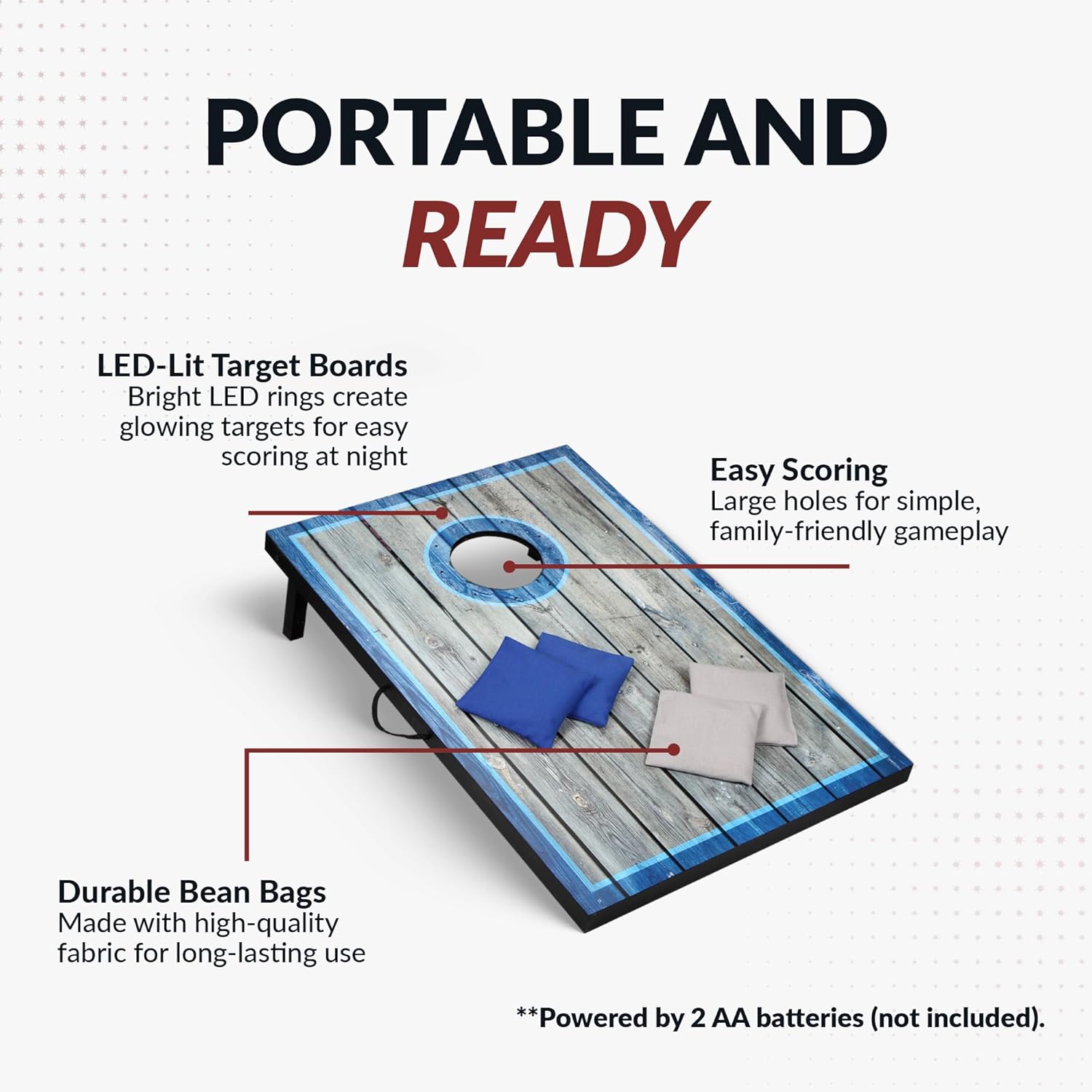 Hathaway Atlantic LED Cornhole Board Set – Includes 8 Rip-Resistant Bean Toss Bags & 2 Target Boards with Built-in Cornhole Lights & Nylon Carrying Bag for Portability – Blue/White