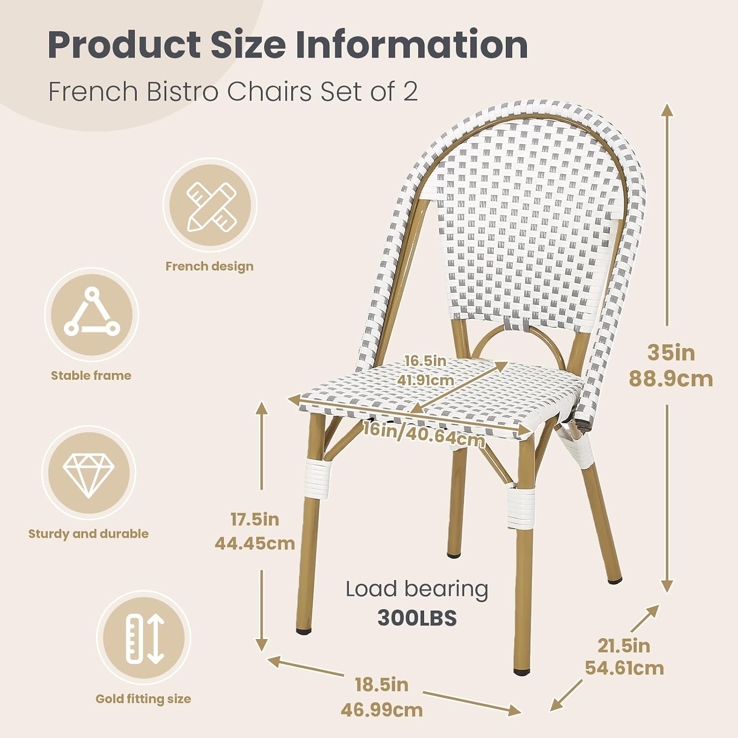 French Bistro Chairs Set of 2, Outdoor All-Weather Rattan Wicker Chair for Patio, Garden, Backyard, Aluminum Frame & Bamboo Print Finish, White Gray