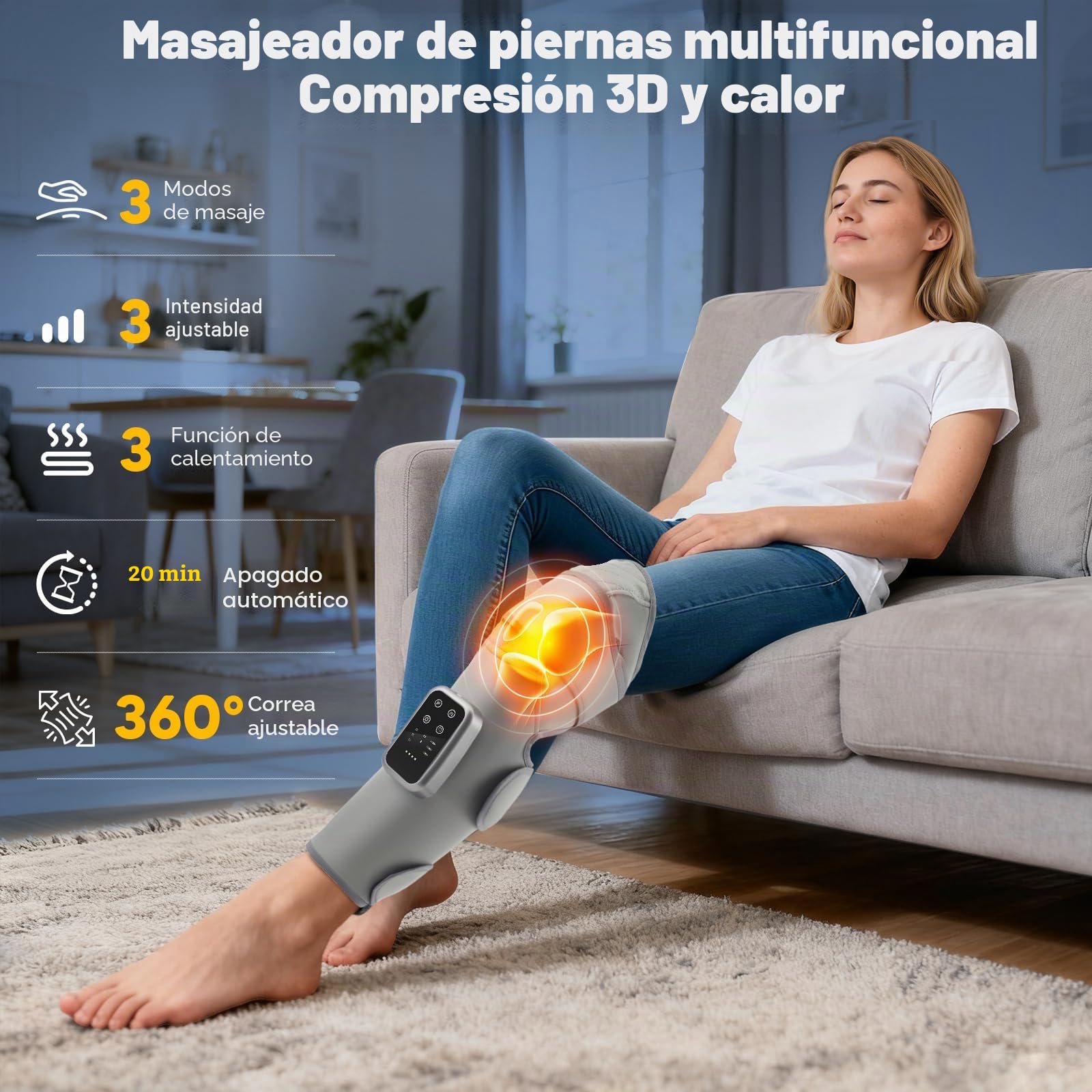 2 in1 masajeador piernas，Correas ajustables de 360°, 3 modos de masaje y 3 niveles de calor，presoterapia en casa Cobertura completa de rodillas y pantorrillas presoterapia piernas para casa