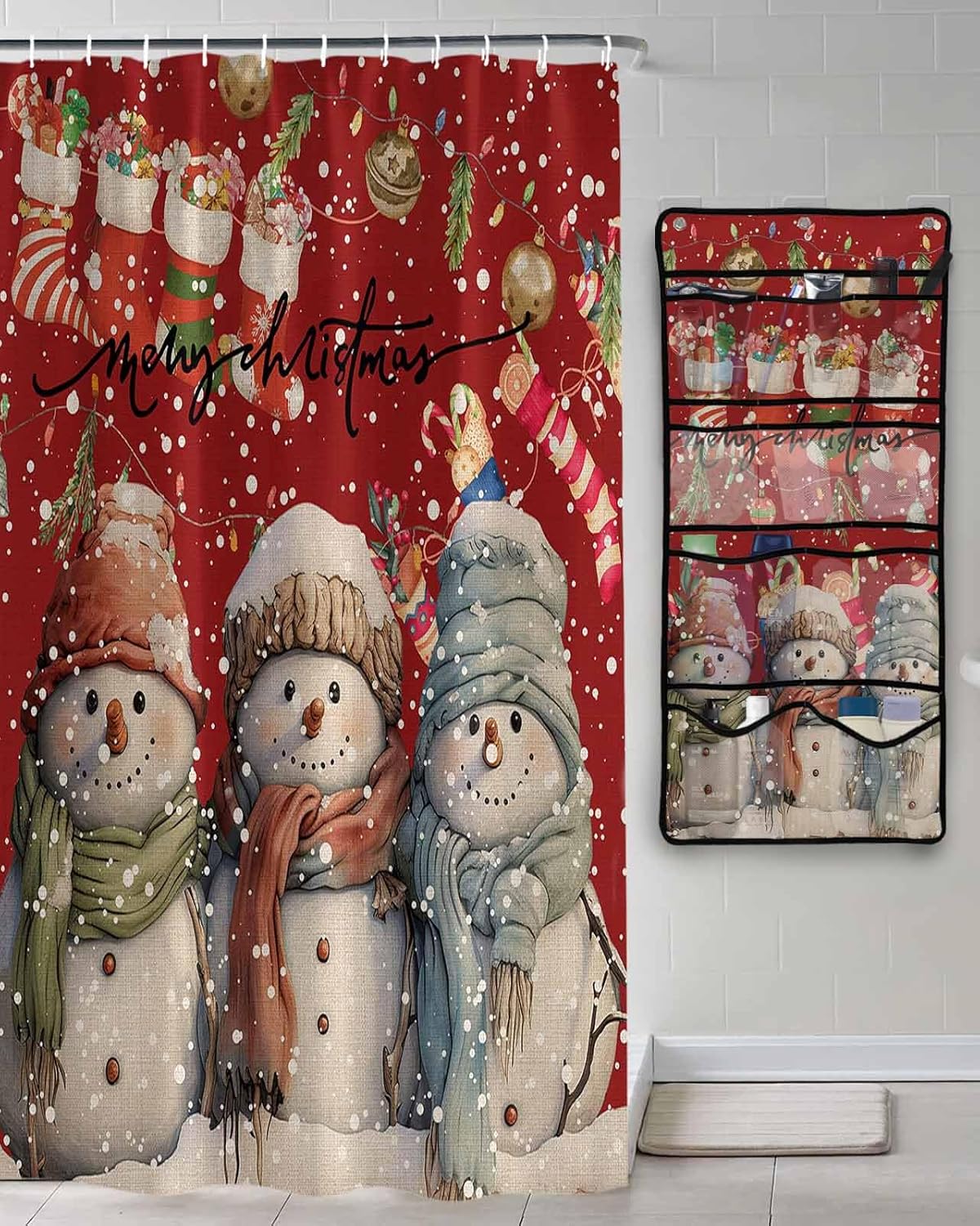 Shower Curtain Mesh Shower Organizer Hanging Set Christmas Cartoon Snowman with Christmas Stocking Waterproof Shower Curtains with 10