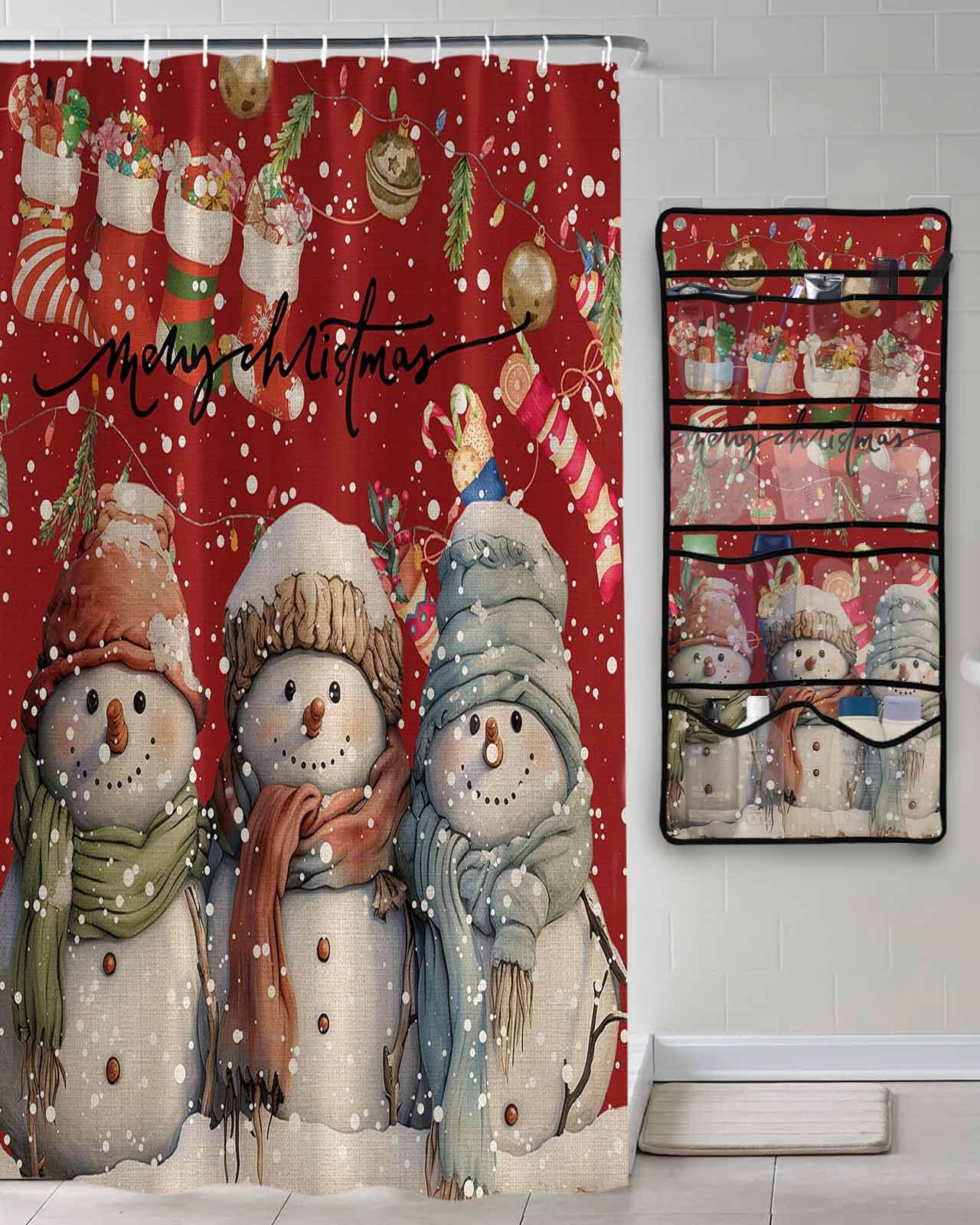 Shower Curtain Mesh Shower Organizer Hanging Set Christmas Cartoon Snowman with Christmas Stocking Waterproof Shower Curtains with 10