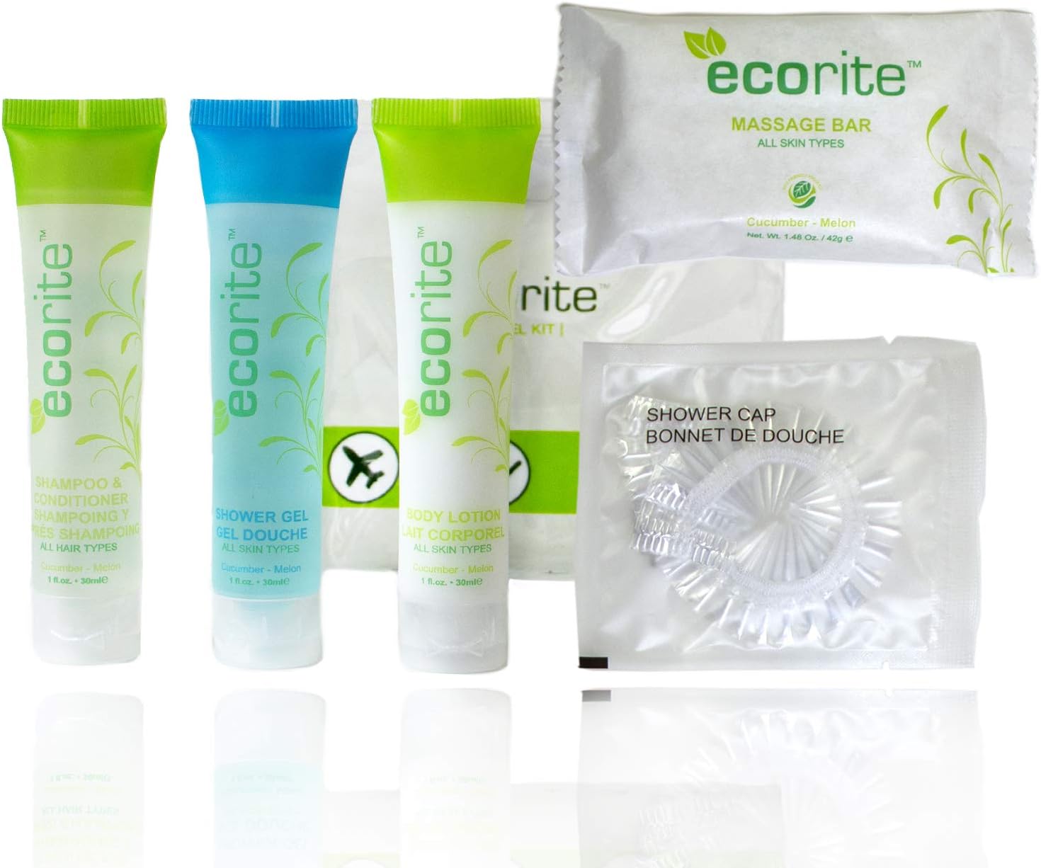 Ecorite Toiletry Travel Kit |1oz| 2 in 1 Shampoo/Conditioner, Body Lotion, Body Gel, Massage Soap Bar, Shower Cap, Paraben Free, 100% Recyclable Packaging, TSA Approved Travel Amenities