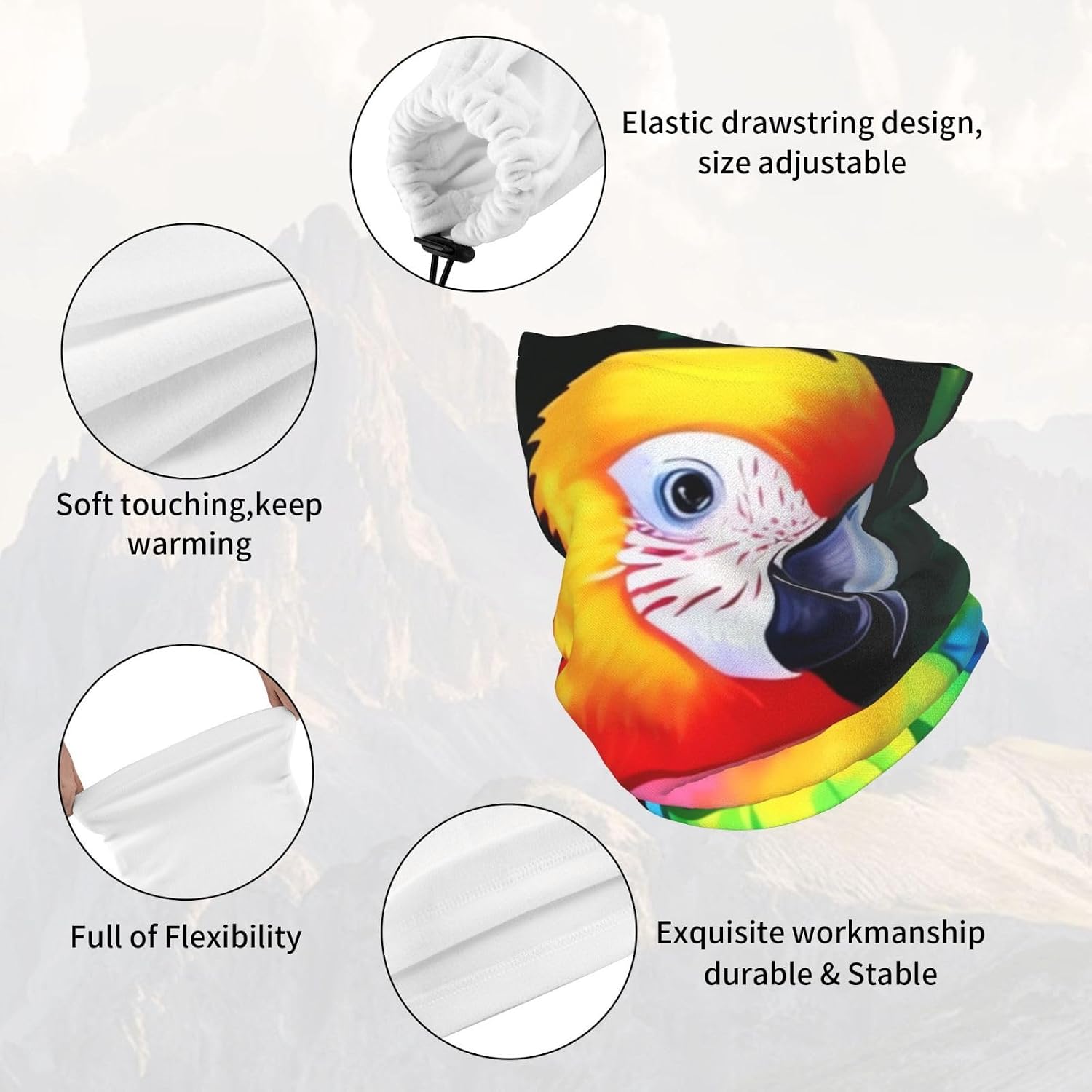 Neck Warmer Winter, Colored Parrot Print For Cold Weather Winter Face Mask,Thick Warm Neck Gaiter Face Scarf,For Men Women Skiing Cycling - With Rope