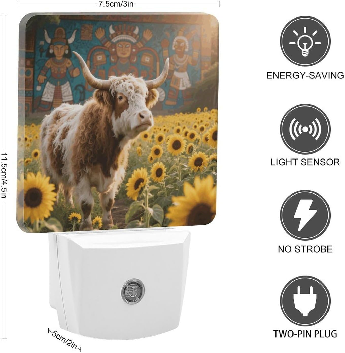Cow Sunflower LED Night Light Plug-In Wall Nightlight, Decor 11.5x7.5x5cm image 2