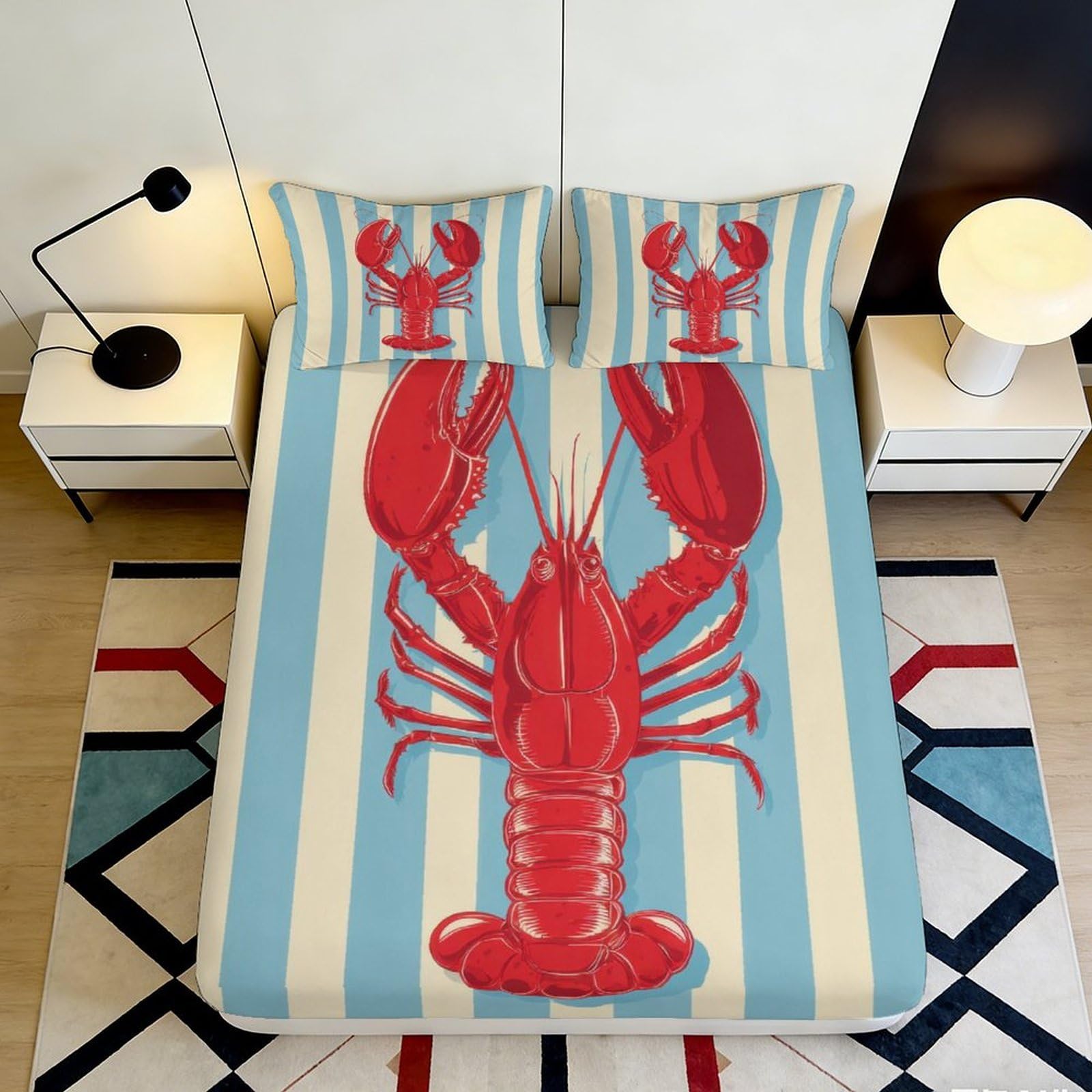 3D Printed Lobster Stripe Fitted Sheet Microfiber Soft Breathable Mattress Cover for Bedroom Dorm Mattress Protection Decor 160x200x25cm