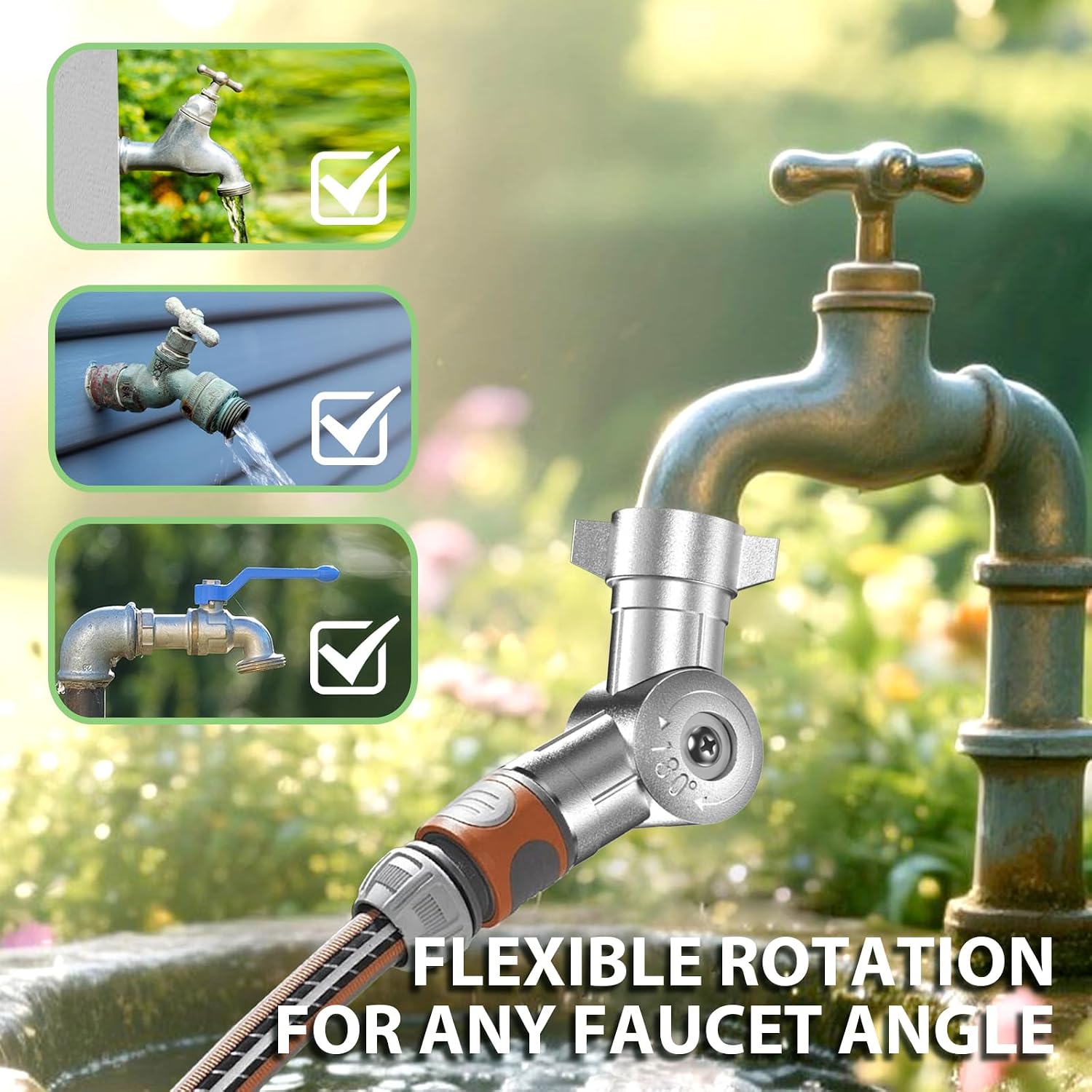 Adjustable 180° & 360° Metal Swivel Connector Fits, Standard 3/4" Water Brass Hose Fittings, RV Water Hoses Garden Hose Adapter