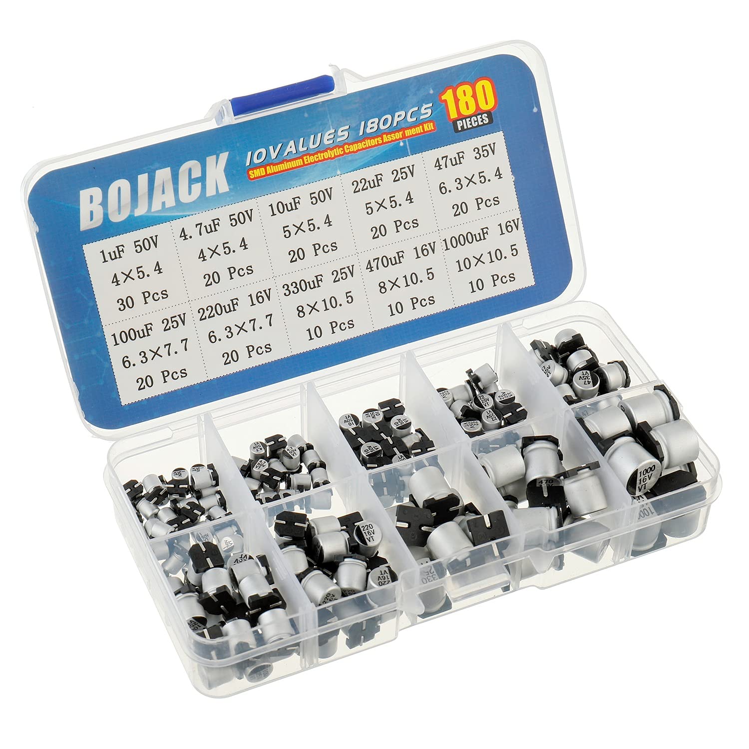 BOJACK 10 Values 180 Pcs 1uF ~ 1000uF SMD Aluminum Electrolytic Capacitors Assortment Kit
