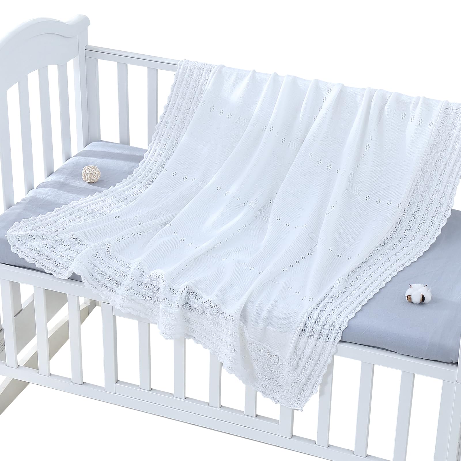 Booulfi Baby Blanket White Receiving Blanket Baptism Christening Towel for Newborn Girls Boys, White Cotton Knit Thermal Baby Blanket Shawl with Cross Pattern, 47”x47”