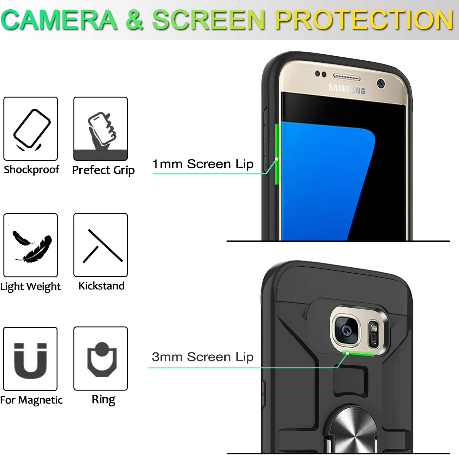 ATUMP Galaxy S7 Case with HD Screen Protector, 360° Rotation Ring Holder Kickstand [Work with Magnetic Car Mount] PC+ TPU Phone Case for Samsung Galaxy S7, Black