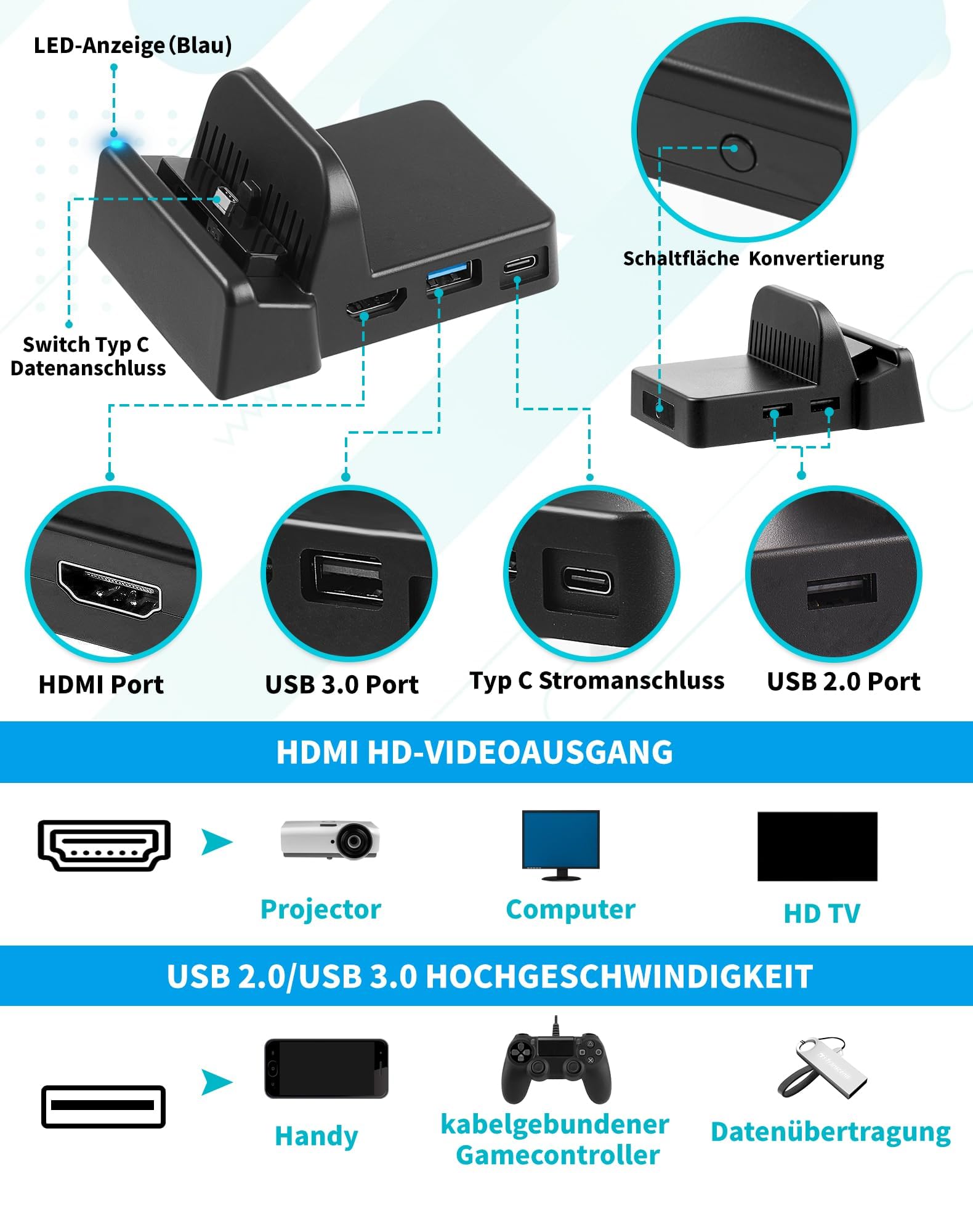 Switch Docking Station für Nintendo Switch/Switch OLED, tragbarer Switch Ladestation Switch Dock 4K HDMI TV Adapter Aufladehalterung mit USB 3.0 Port, Switch Zubehör Ständer für Nintendo Official