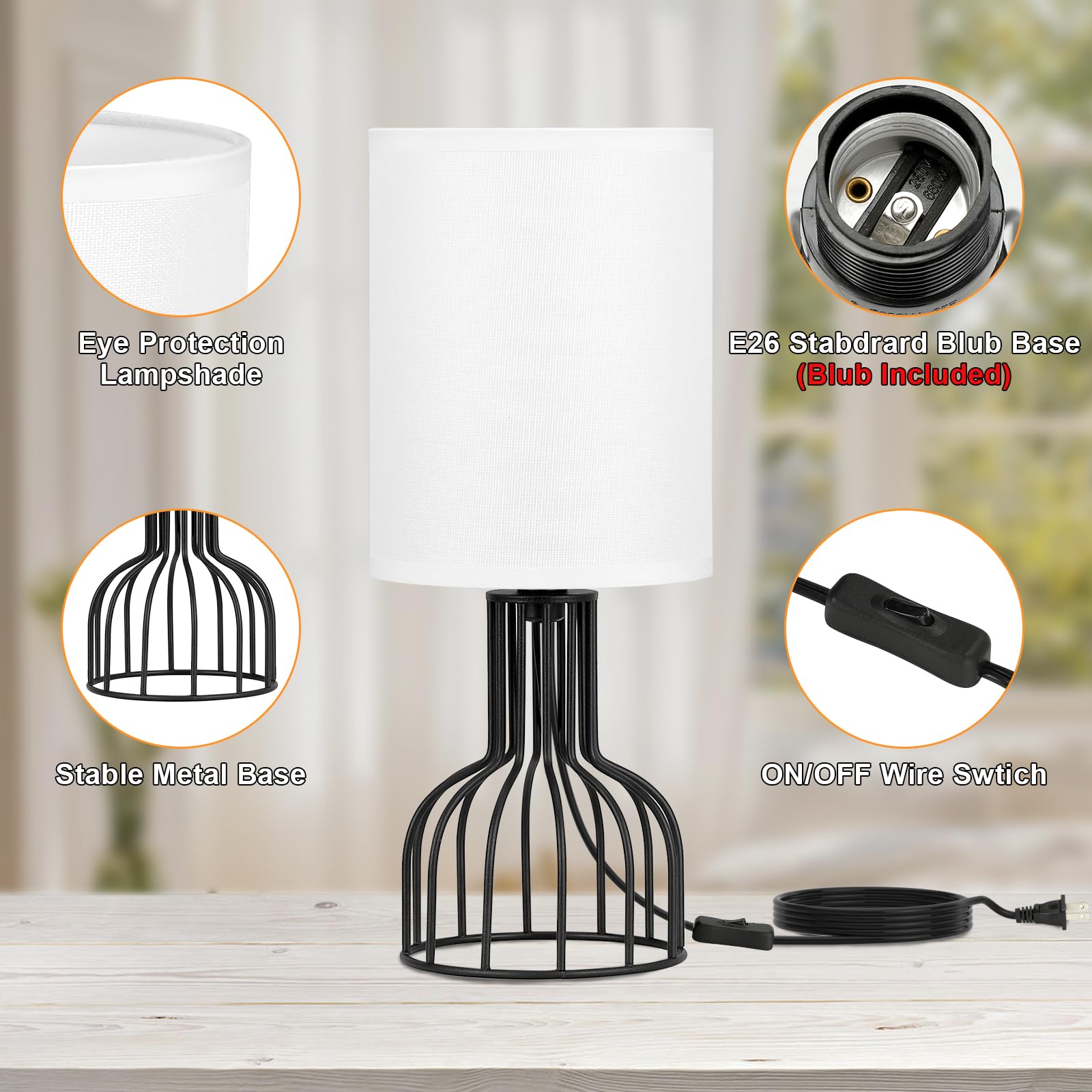 Beside Table Lamp for Bedroom - Small Lamp with 3 Color Modes-3000K-4000K-5000K Nightstand Lamp with Simple Black Metal Base and White Fabric Shade for Kids, Living Room,Bedroom (LED Bulb Included)