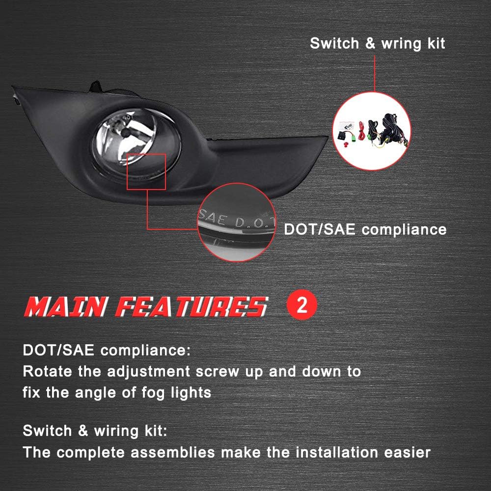Driving Fog Lights Lamps Replacement for Nissan Altima 2013 2014 2015 with H11 12V 55W Halogen Bulbs & Chrome Black Bezel & Universal Switch and Wiring Kit (Clear Lens)