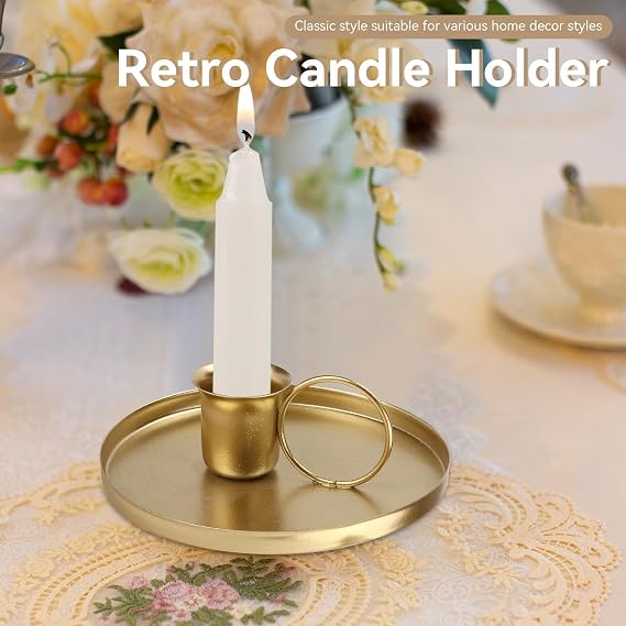 2Pcs Metal Taper Candle Holder, Toothbrush Travel Container Candle Holders for Candlesticks Retro Iron Taper Candle Holders with Handle Emergency Candle Holder(Gold)