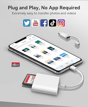 SD Card Reader for iPhone iPad Built-in Dual Lightening & USB-C Connector Card Adapter with SD MicroSD 2 Slots Trail Camera Memory Card Viewer, Portable No App Required Plug and Play - White