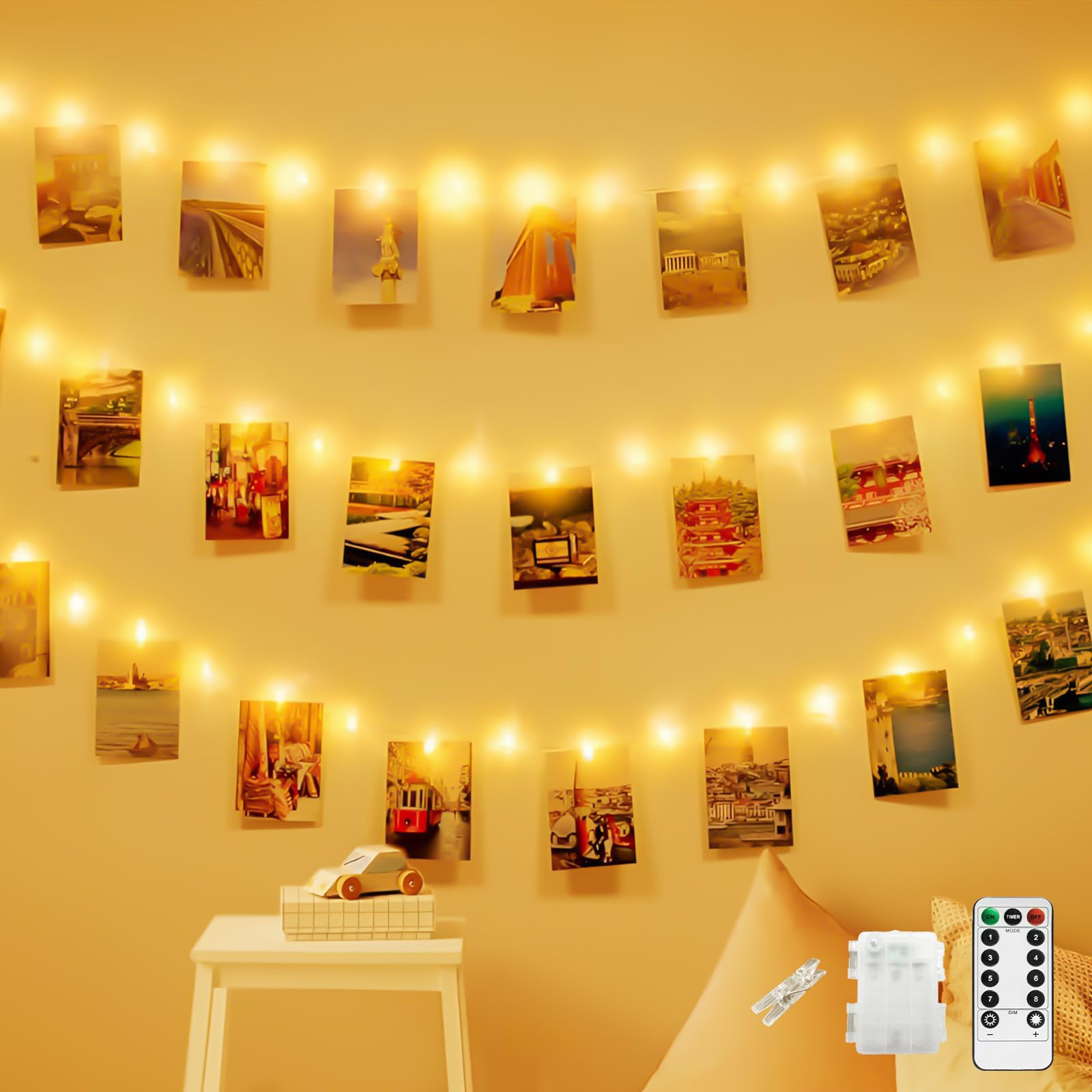 CNMTCCO 100 LED Photo Clip String Lights, 10M Battery Powered Fairy Lights with 50 Clips Hanging Photos, with Remote,8 Modes Fairy Lights,for Bedroom Wedding Party Birthday Halloween Christmas Decor