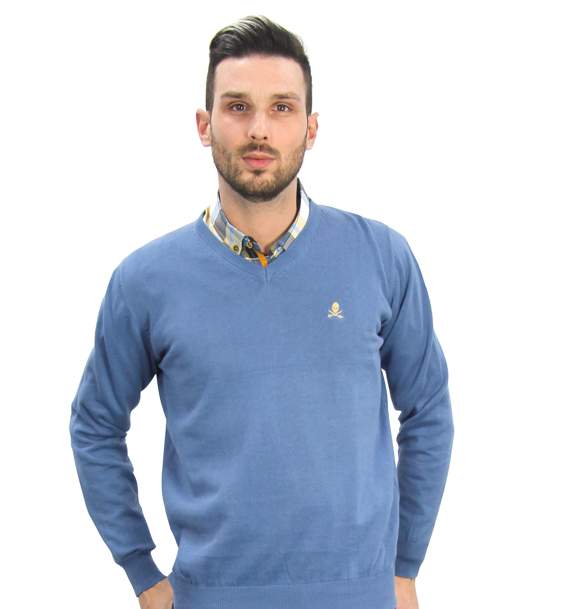 jul Jersey de Hombre Cuello Pico de Algodon Manga Larga de Marca Modelo Basico para Vestir Punto Fino (Celeste, L)