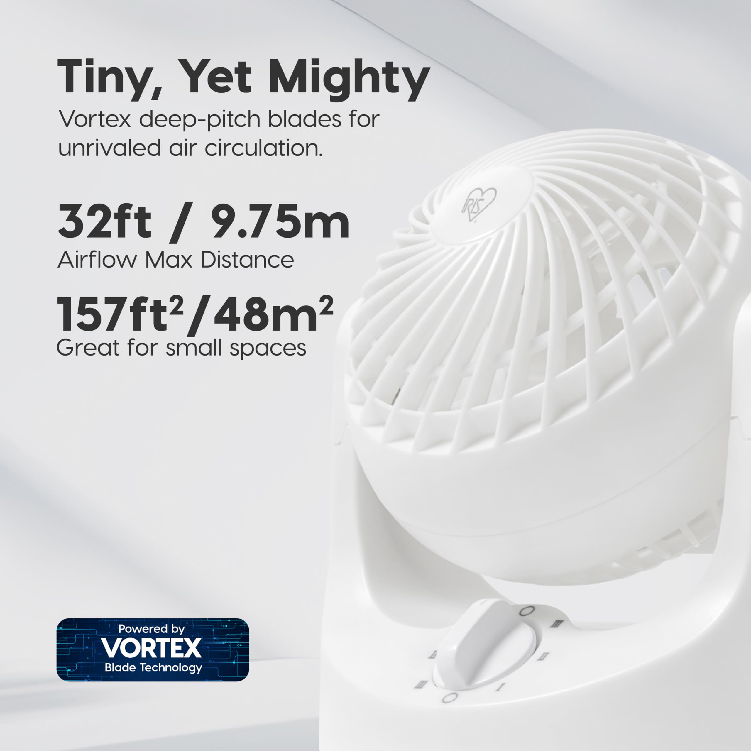 Iris Ohyama Woozoo Ventilatore da tavolo, 7,4 m³/min, inclinazione verticale 110°, bianco, 3 velocità, silenzioso, ideale per camera da letto, cucina, raffreddamento ad aria, potente, made in Francia