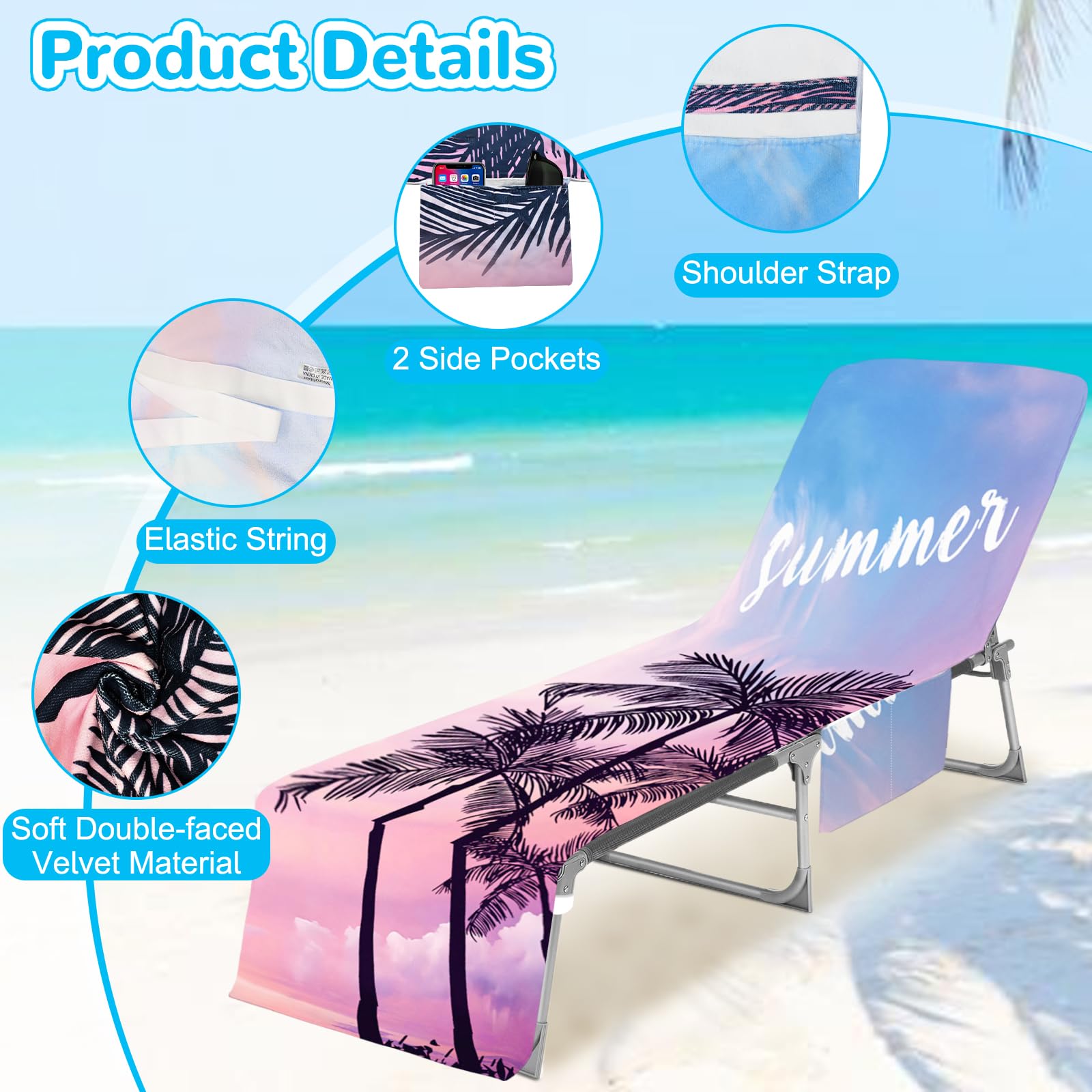 Cyiecw Funda para Tumbona de Felpa, Doble Cara Microfibra de Secado Rápido, 2 Bolsillos Laterales Toalla de Playa para Tumbonas Piscinas Playas y Jardines, 75x210cm (Summer)