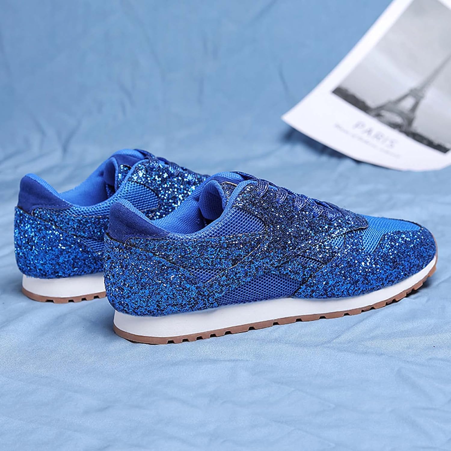 Women's Glitter Sneakers Lace up Casual Flat Sparkle Walking Shoes