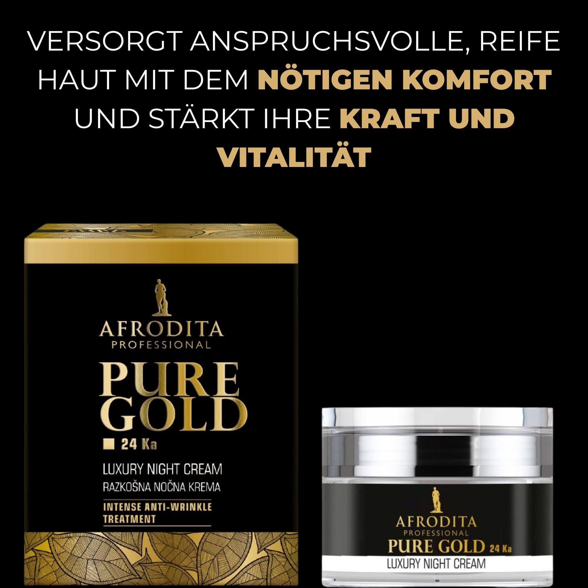 Afrodita Professional Pure Gold 24K Luxus Nachtcreme, Anti-Falten Gesichtscreme für reife trockene bis normale Haut, 50 ml, nährende 24 Karat Gold Pflege für glattere straffere Haut