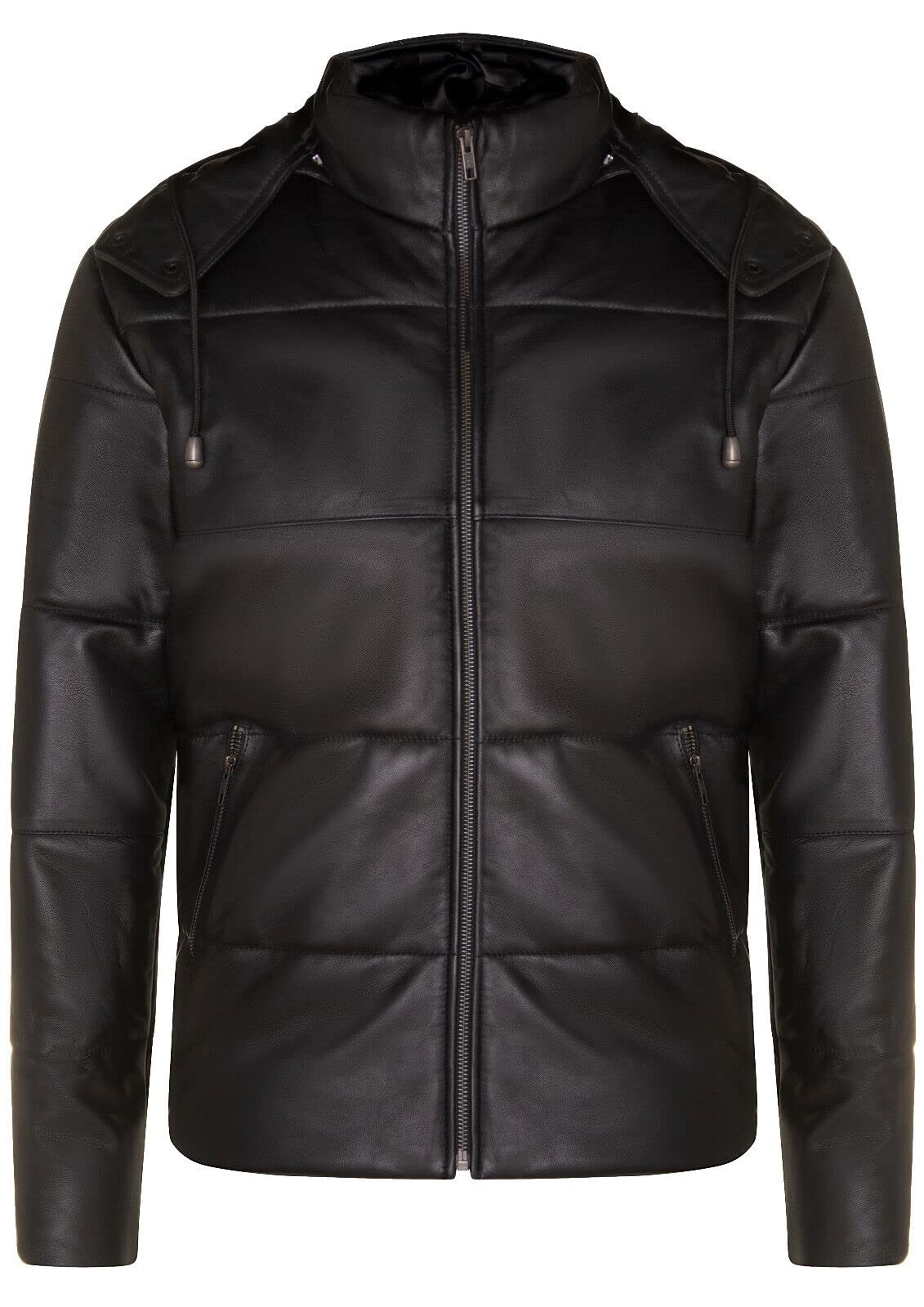 Infinity Leather Men's   Hooded Puffer Black Leather Bomber Jacket-Corbridge in Size 3XL, BrandAlley