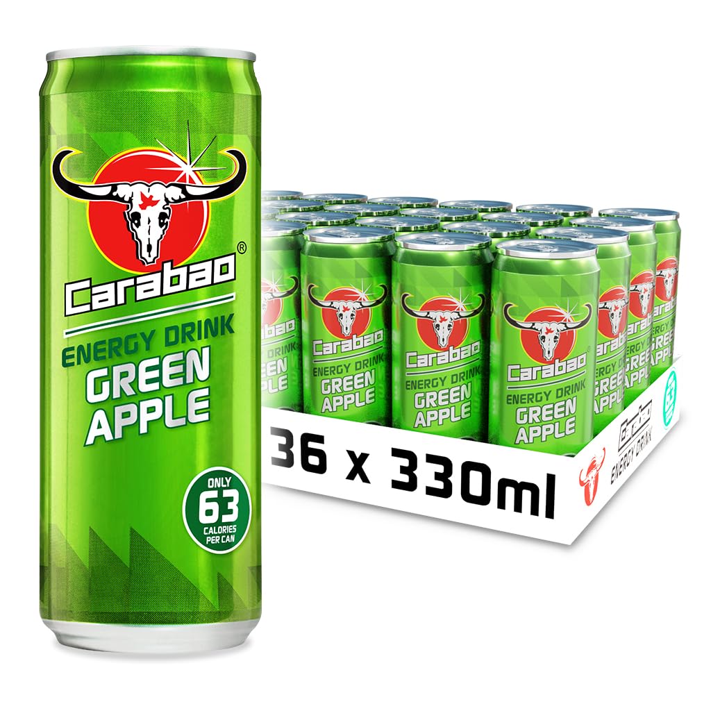 Energy Drink Green Apple, 36 x 330ml Cans Case, Low Calorie, Lower Sugar, Fizzy Fruit Flavour, Vegan, Gluten Free Drink. B Vitamins, Taurine, Caffeine with Zero Crash, Bulk Crates, Multipack