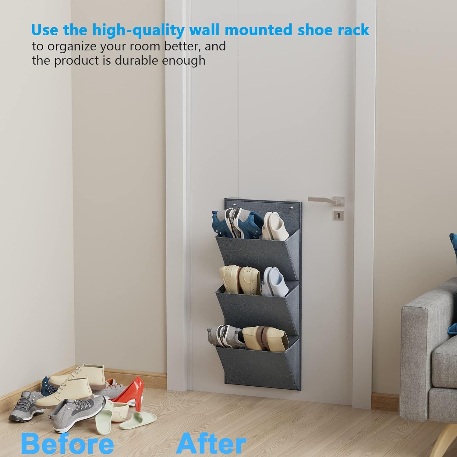Wall Mounted Hanging Organizer 2Pack,Shoes Rack/Can Store 6Pairs of Plus-Size Sneakers,Also Stores Boots.with Sticky Hanging Mounts, Shoes Holder,Door Shoe Hangers (SM08-Gray-2)