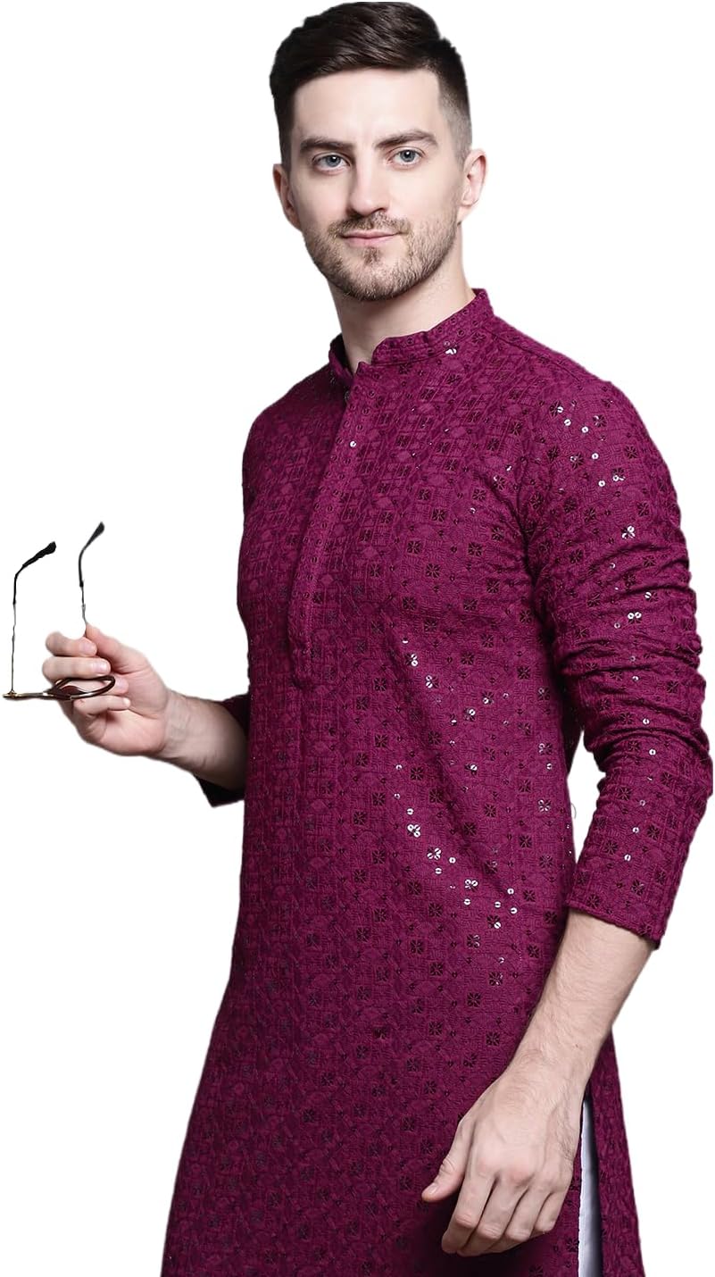 Jompers Men's Sequin Embroidered Pure Cotton Kurtas