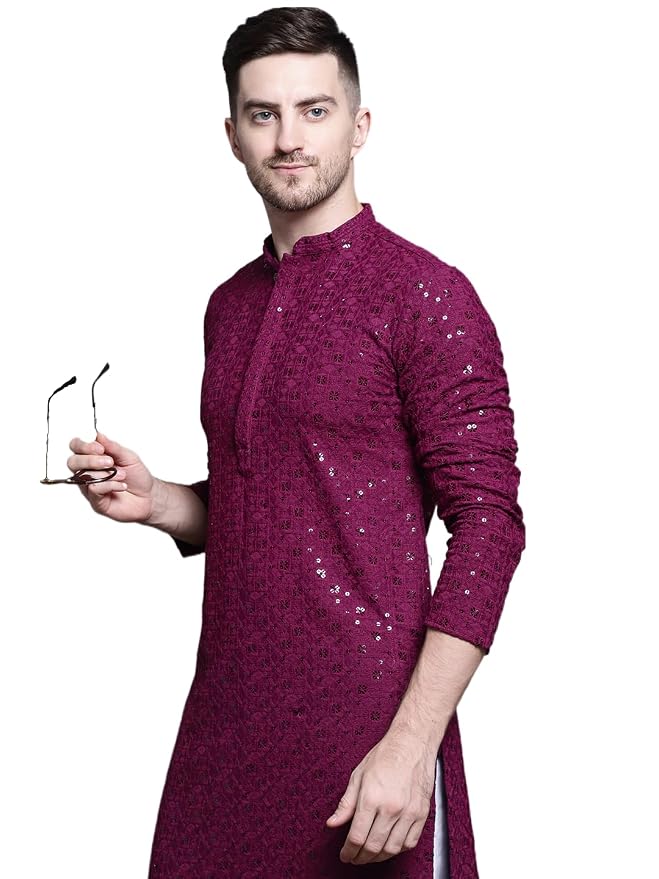 Jompers Men's Pure Cotton Regular Fit Casual Sequin Embroidered Kurtas