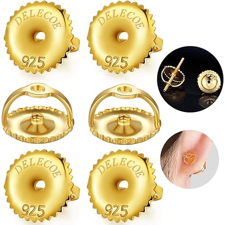 DELECOE 14k Gold Screw Earring Backs (3 Pairs) - 20 Gauge (0.032")...