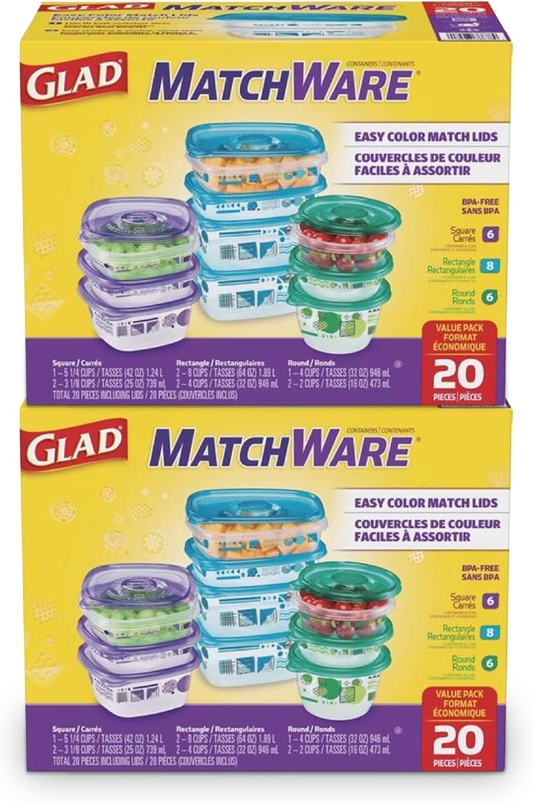 GladWare MatchWare Food Storage Containers with Lids, No BPA Reusable Plastic 20 Piece Variety Pack for Lunches, Meal Prep, and Leftovers, Leak Resistant, Microwave and Dishwasher Safe - 2 Pack