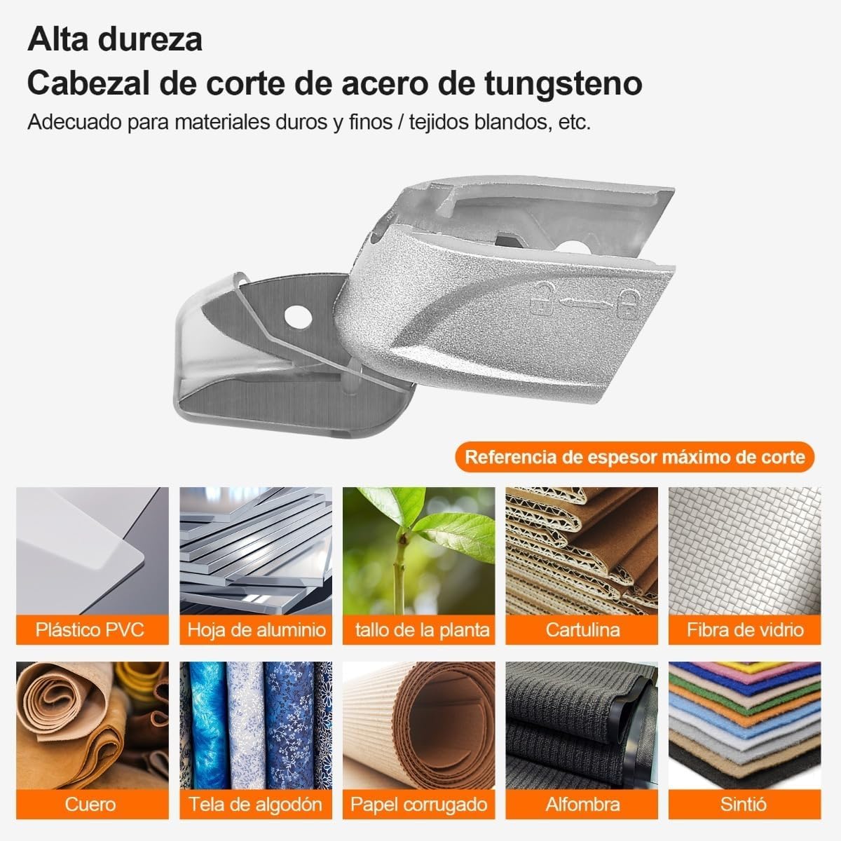 Close-up of the tungsten steel cutting head, showing its suitability for various materials like PVC plastic, aluminum foil, plant stems, cardboard, fiberglass, leather, cotton fabric, corrugated paper, carpet, and felt.