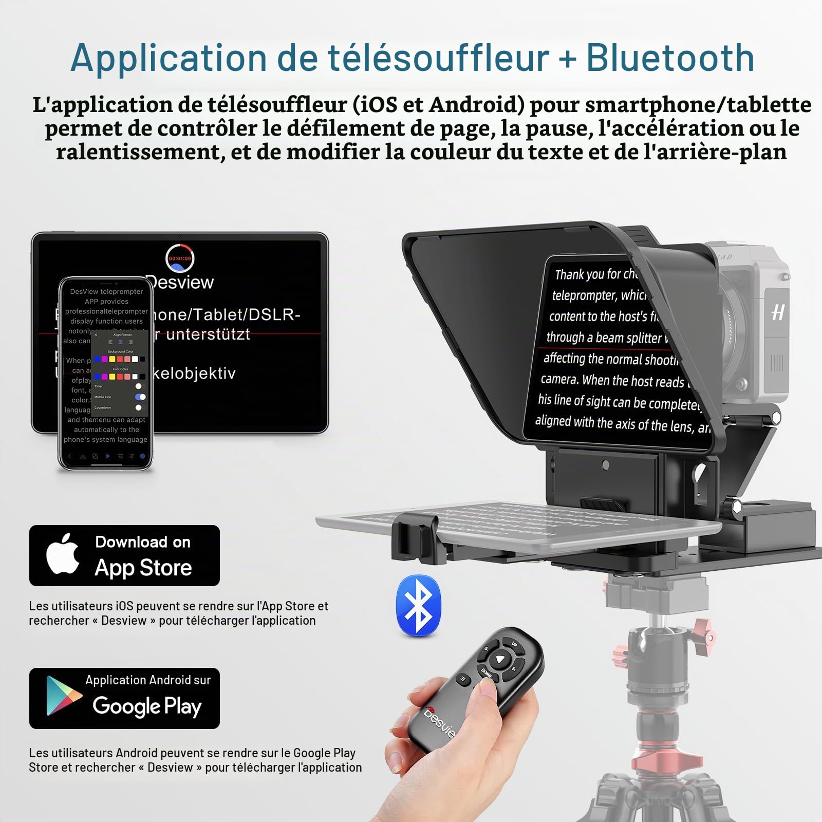 Desview P8 Téléprompteur pour iPad/Tablette/Smartphone jusqu'à 10" et Caméra DSLR Webcam avec Télécommande et Application iOS/Android, Idéal pour Le Cinéma, Streaming en Direct et Vlogging