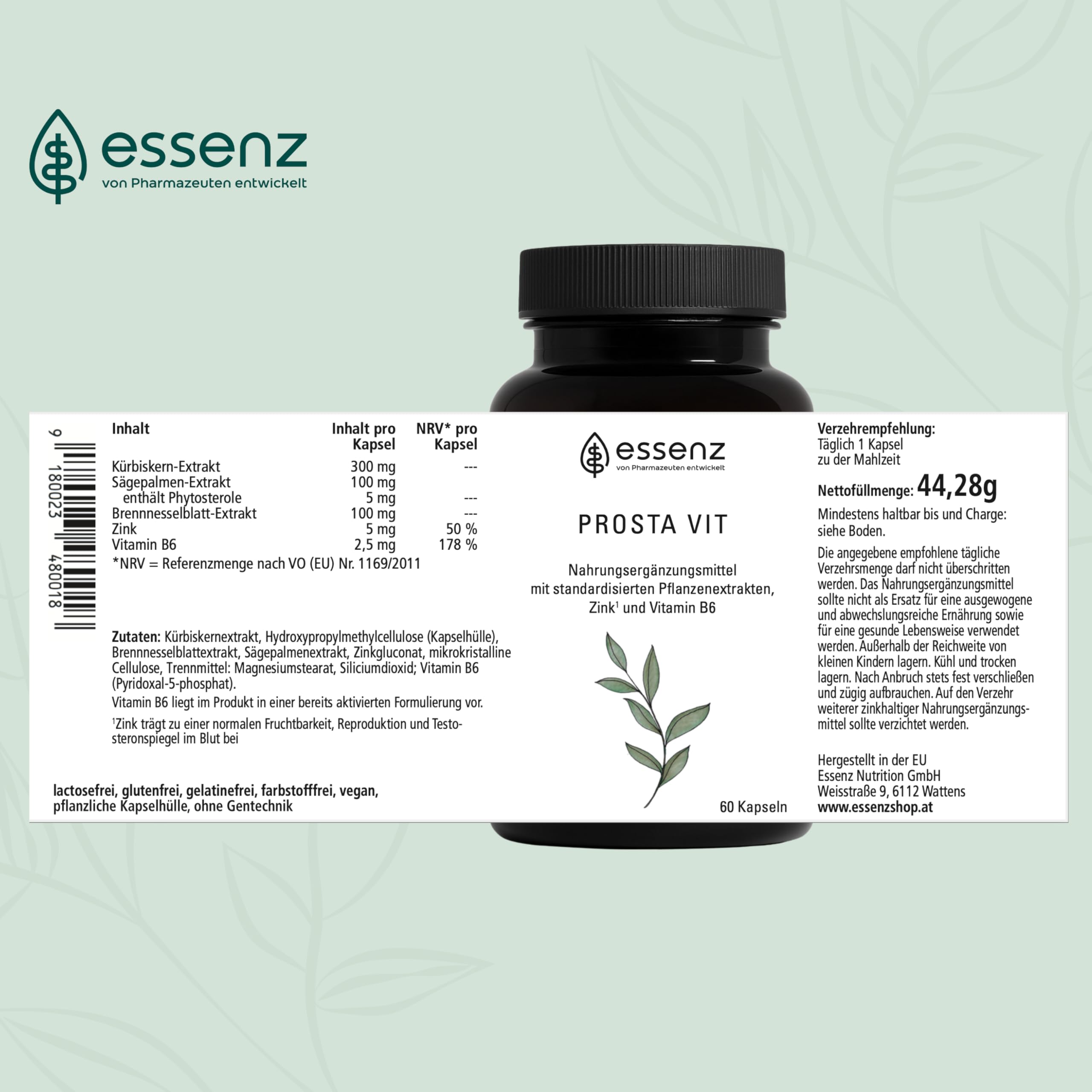 ESSENZ - Prosta Vit 2x60 Kapseln - Natürliche Prosta Vit Kapseln mit Kürbiskern-, Sägepalm- & Brennnesselwurzelextrakt. Zur Förderung des Wohlbefindens