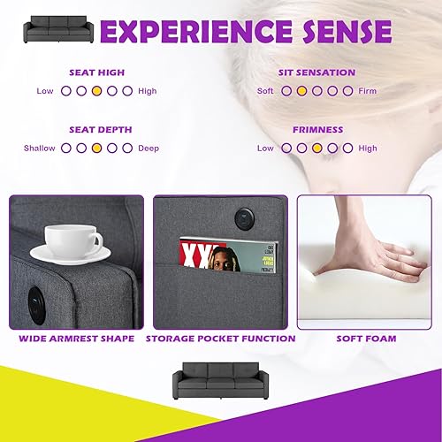Miniatura 5 de TYBOATLE Sofá moderno de 3 plazas de 88 pulgadas de ancho, sofá profundo de tela de lino con 2 puertos de carga USB y cojines tapizados, cómodos