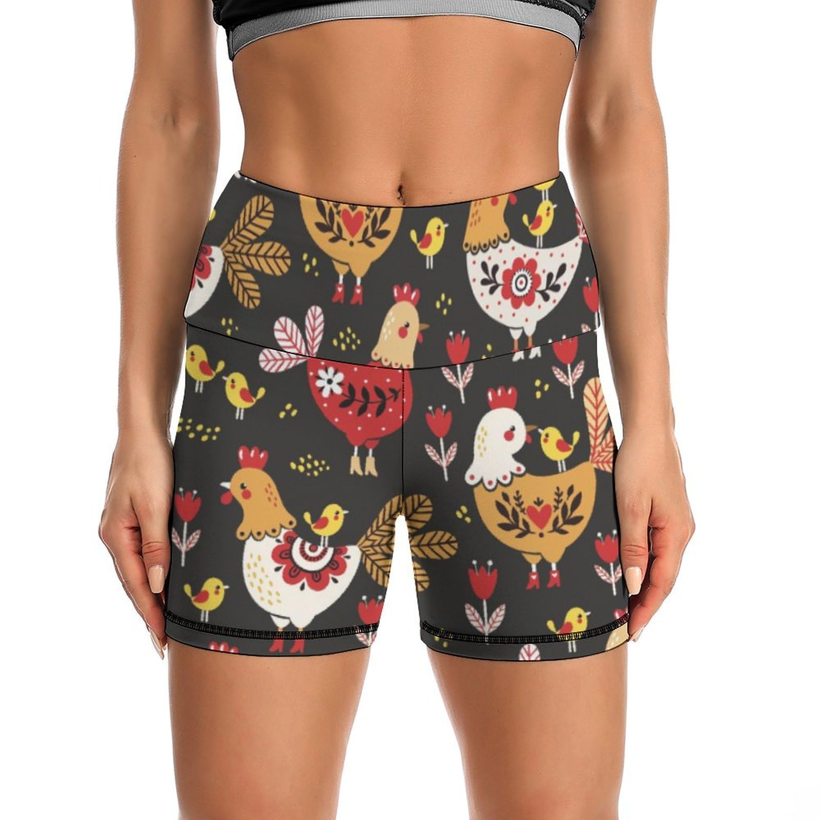 JYYAU Cute Chicken High Waist Yoga Shorts for Women Athletic Shorts Leggings Running Pants Black