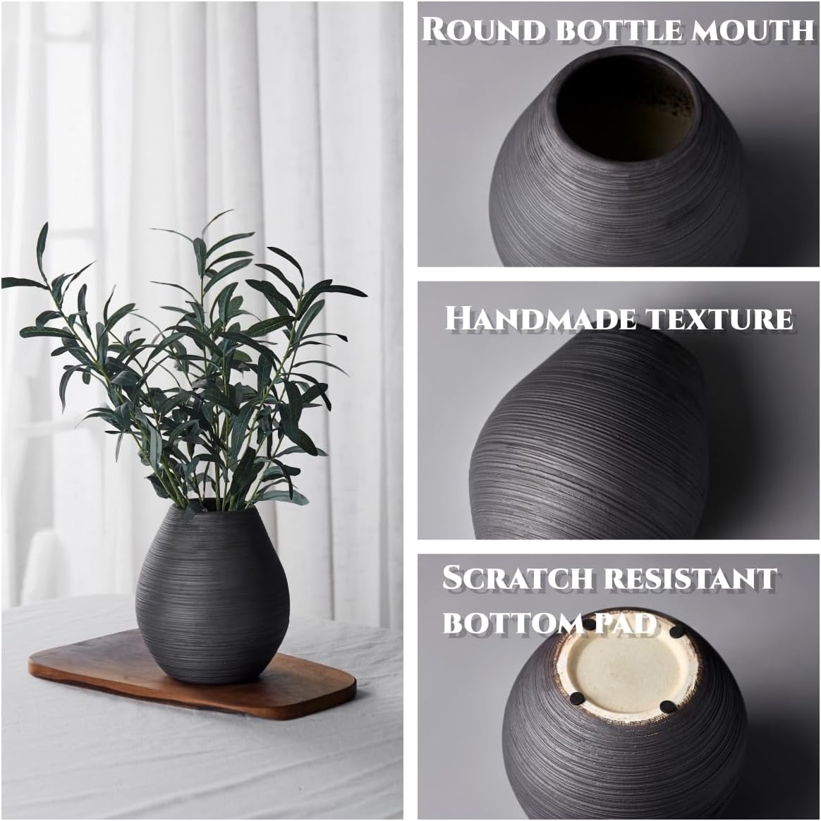 Ceramic Vintage Flower Vase 8.46" Pottery Rustic Farmhouse Boho Terracotta Round Vases for Home Decor, Table, Living Room, Shelf, Enterway, Wedding, Pampas Grass Mantel Decorative (Black)
