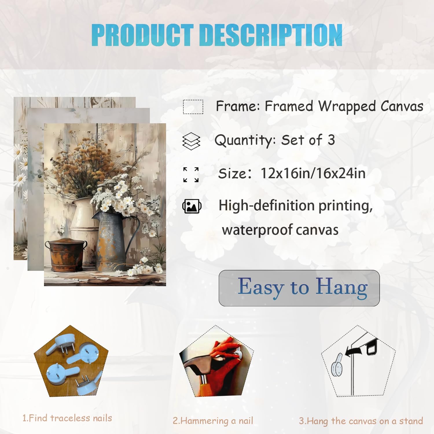 Rustic Farmhouse Floral Daisy Canvas Wall Art Set of 3 Vintage Country Flower Posters Wall Decor Wood Grain Paintings Print Rustic Decor Artwork for Bathroom Living Room Bedroom 12x16 In Framed