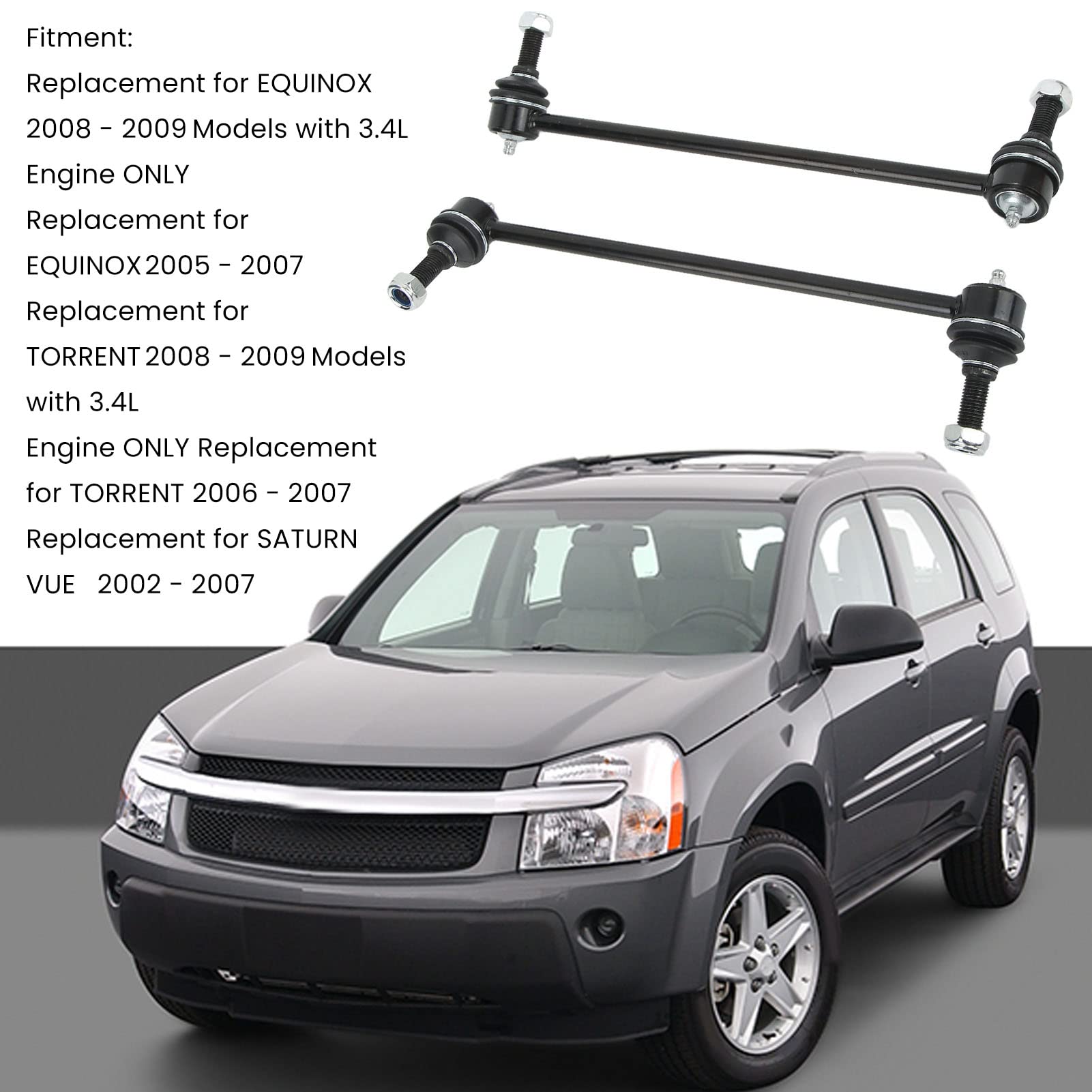 2 sztuki łączników końcowych stabilizatora przedniego Metal poddany obróbce cieplnej Kompatybilny z 2008-2009 Equinox 3.4L, 2006-2007 Torrent, 2002-2007 Saturn Vue – zastępuje