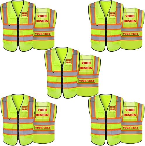 Chaleco de seguridad reflectante de malla con logotipo personalizado Clase 2 con 5 bolsillos y cremallera