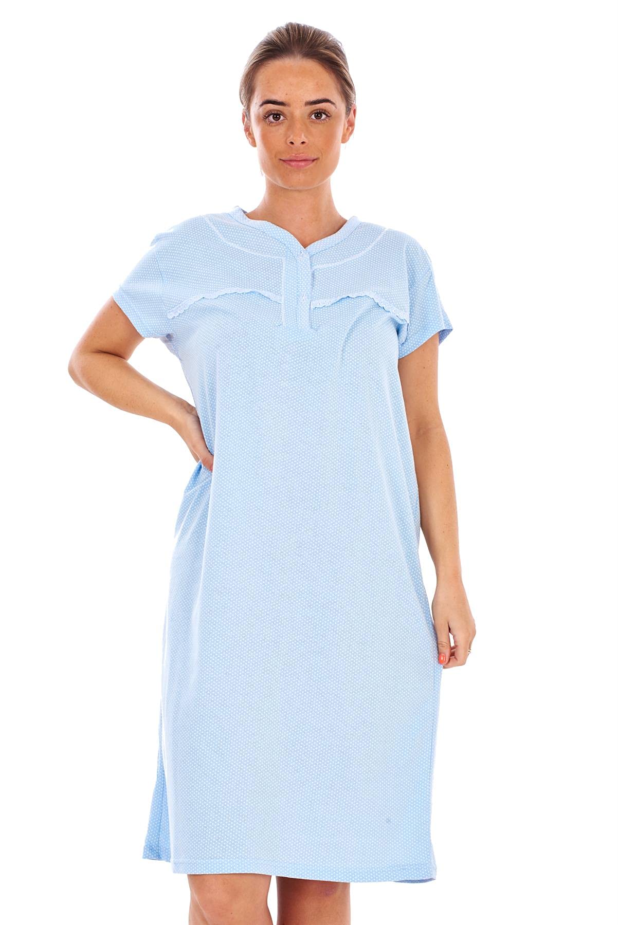Malay Ladies Polka Dot Nightdress Cotton Short Sleeve Buttons V-Neck Soft Loungewear Blue