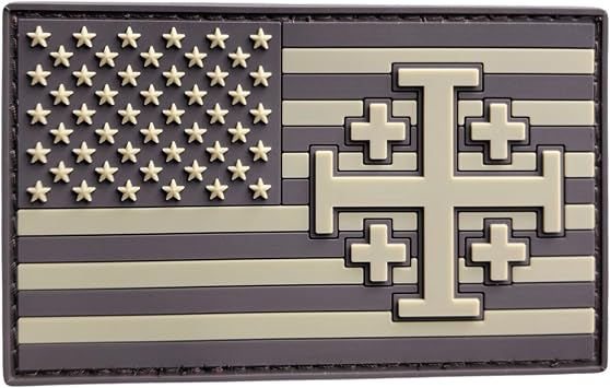 Jerusalem Cross PVC Patch American Flag 2x3.25 Arid Tan Christian Morale Hook & Loop Patch for Backpacks, Hats & Outdoor Gear