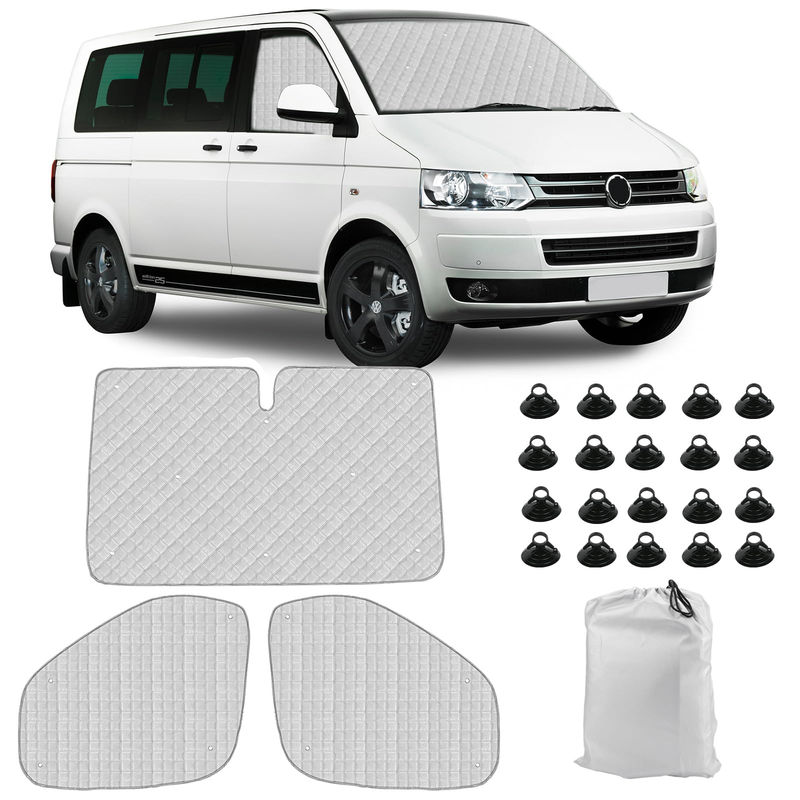 osłona na przednią szybę, kompatybilna z VW T5 T6, zestaw 3 sztuk osłon przeciwsłonecznych, wewnętrzna zasłona termiczna z torbą do przechowywania dla Transportera California, 100% zasłonięcie