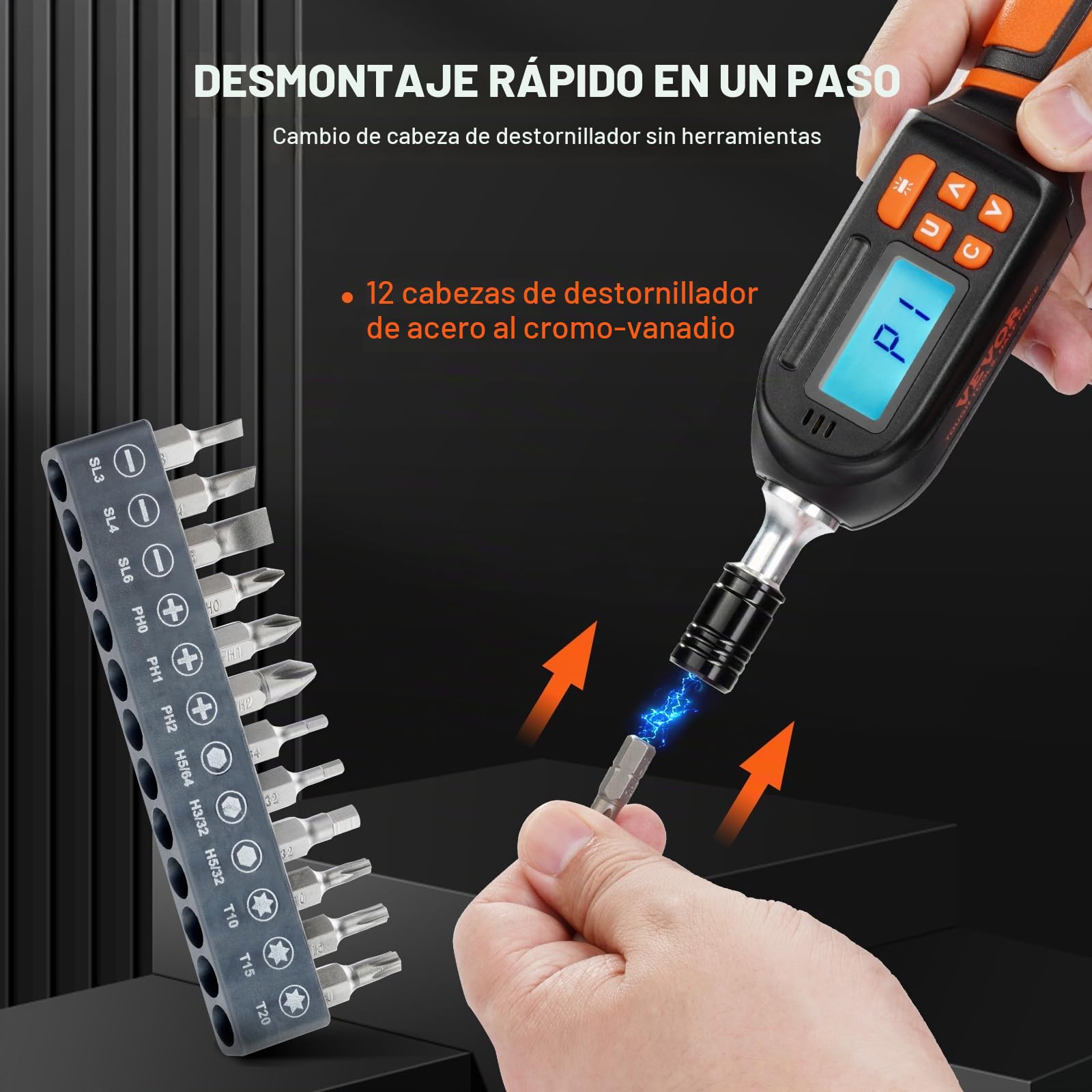 VEVOR Destornillador Dinamométrico Digital con Accionamiento de 1/4" con Pantalla LCD Rango de Par 0,3-8 Nm Incremento 0,01 Nm Herramienta Precisa de Liberación Rápida para Taller de Electricista